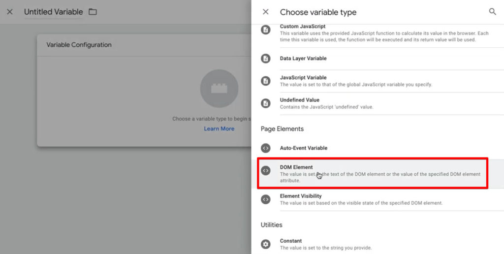 Screenshot of Google Tag Manager showing DOM Element as the variable type. 