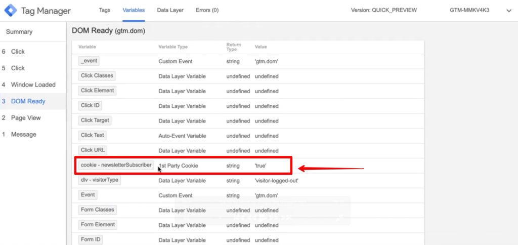 Screenshot of Google Tag Manager showing the Variables with the 1st Party Cookie Variable which is the newsletterSubscriber.