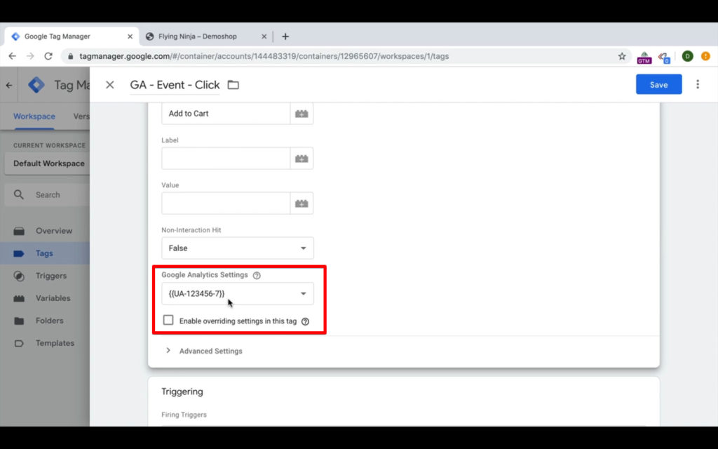 Screenshot of Google Tag Manager showing the new Google Analytics variable and the disabled override settings.