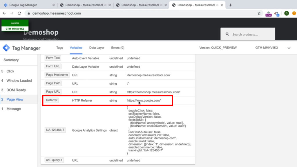 Screenshot of Google Tag Manager showing the variables with the Referrer Variable.