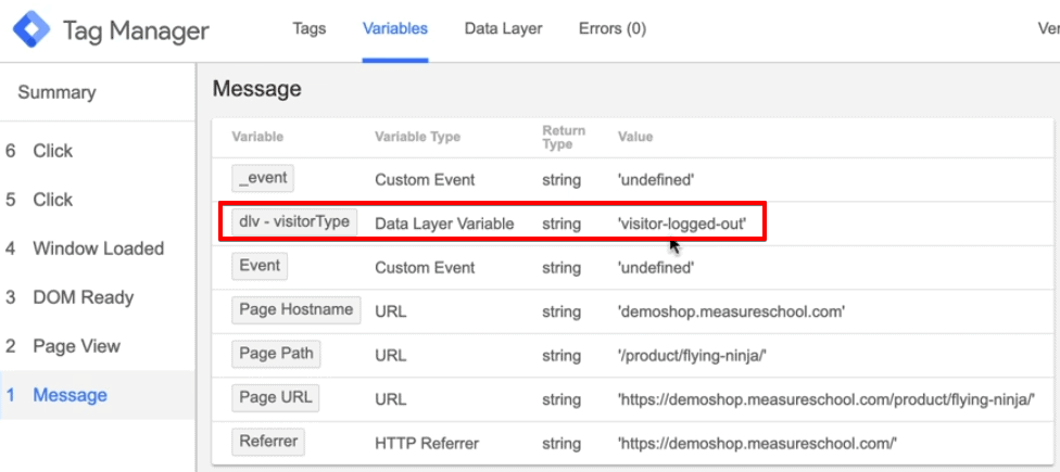 Screenshot of Google Tag Manager showing the setup of visitorType DataLayer Variable.
