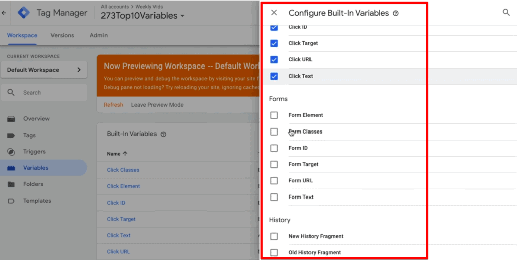 Screenshot of Google Tag Manager showing the different Auto-Event Variables you can enable.