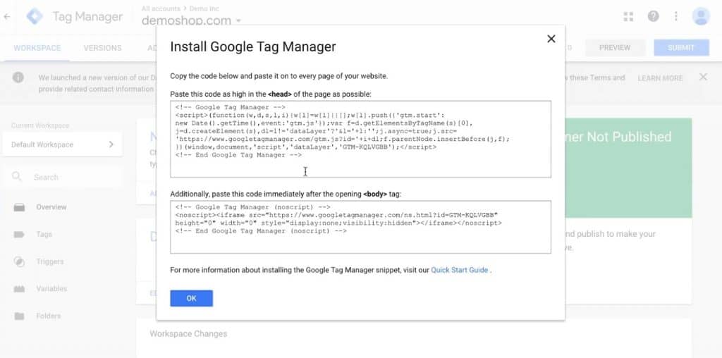 Code snippet to install Google Tag Manager on your website