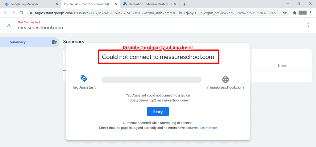 Debugger popup could not connect to website, so disable third-party ad blockers