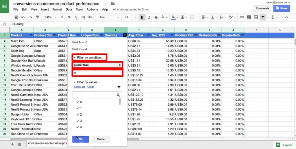 Filter the values of a column by condition in Google Sheets