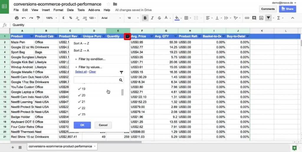 Filtering values in a column in Google Sheets