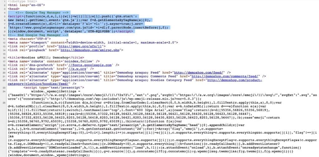 Google Tag Manager code snippet in the head section of the page source of the website