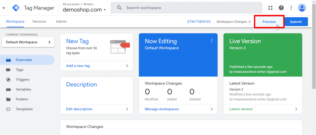 Google Tag Manager workspace with preview button highlighted