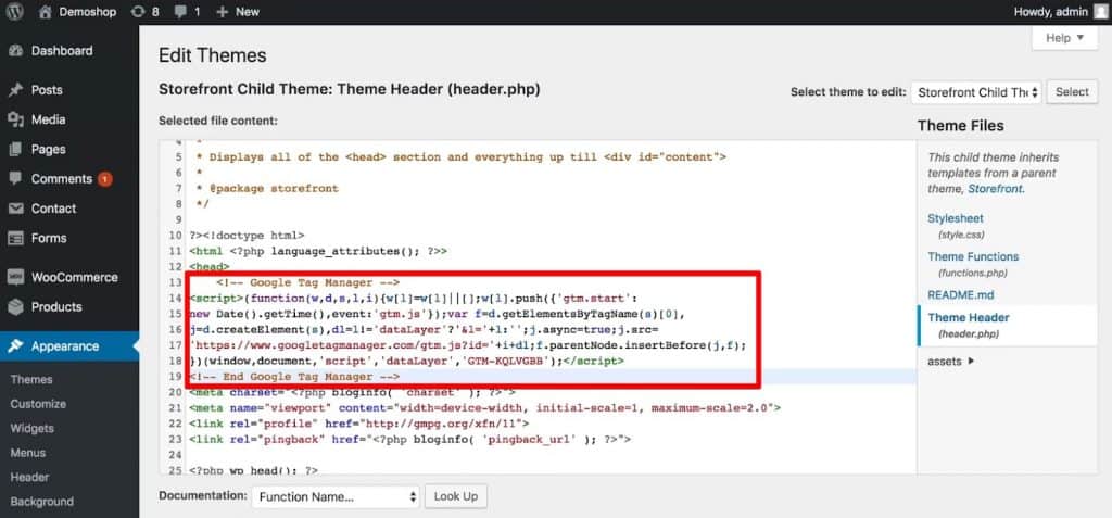 Paste the code snippet from Google Tag Manager below the opening head tag