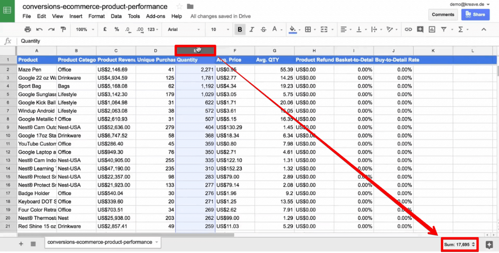 Quick Sum function to add values of a column in Google Sheets