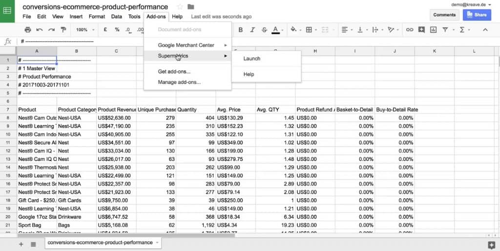 Supermetrics add-on to import data from Google Analytics