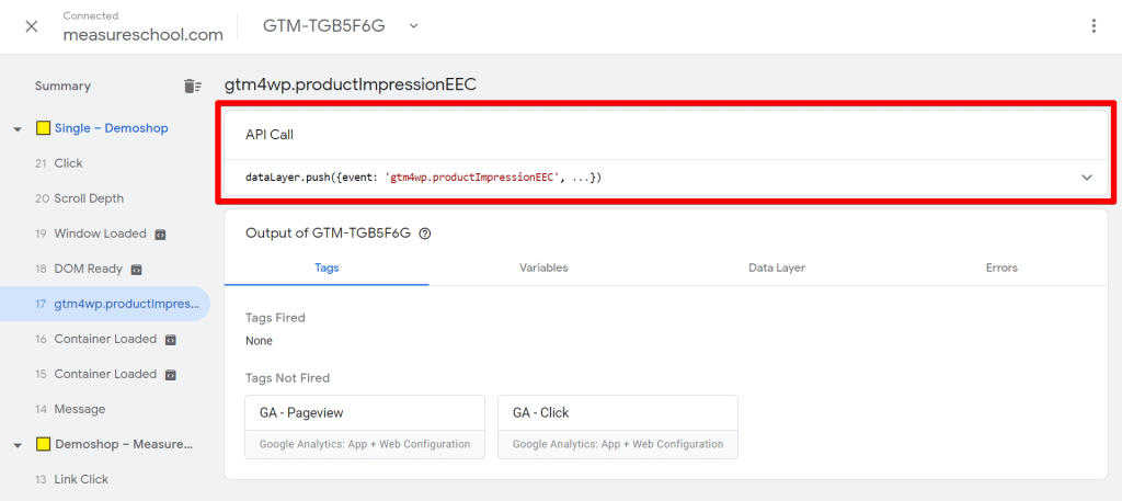 Tag Assistant window with API Call field highlighted