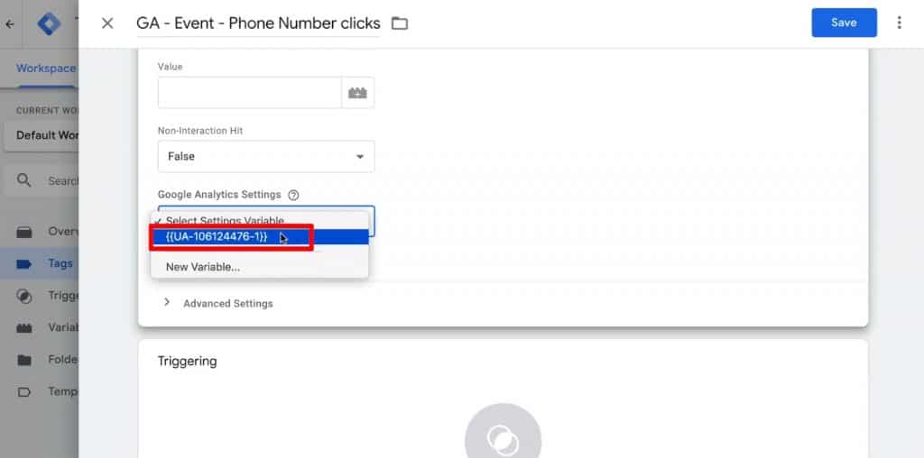 Adding the variable under Google Analytics Settings for Tag Configuration in Google Tag Manager