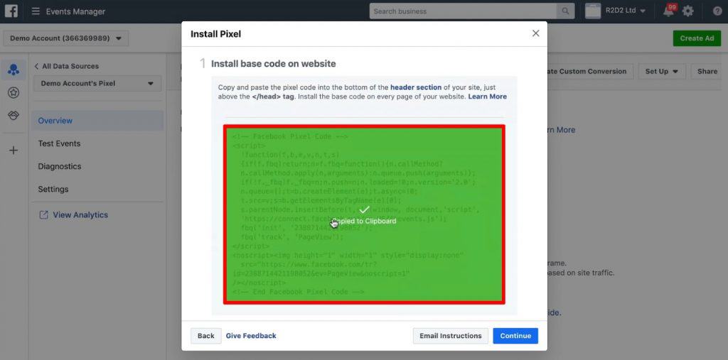 Base code to install Facebook Pixel on the website