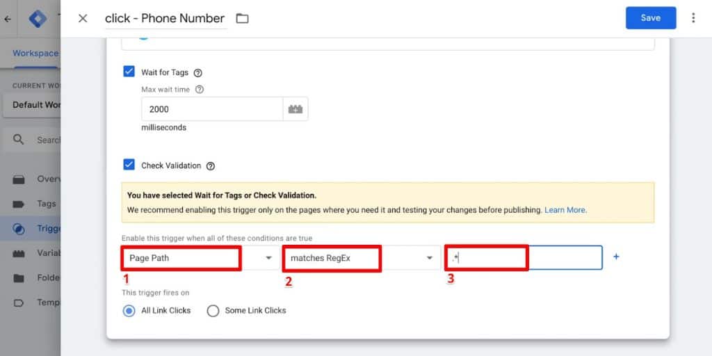 Check Validation option for Phone Number click Trigger Configuration in Google Tag Manager