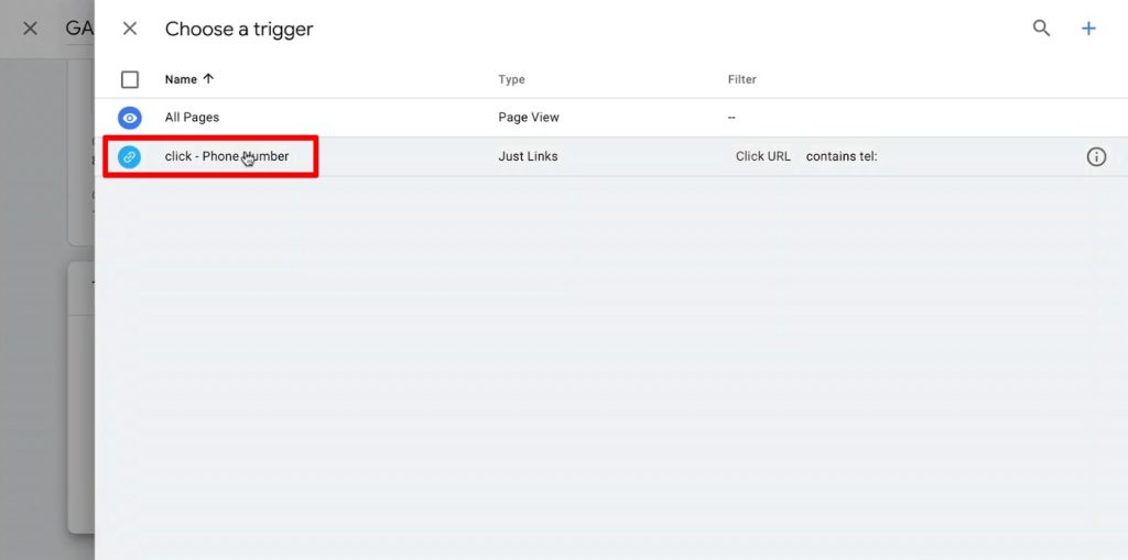 Choose a click trigger for Phone Number tracking in Google Tag Manager
