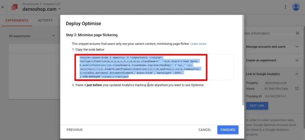 Copy the page flickering snippet from Google Optimize