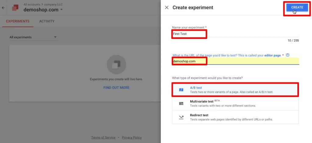 Create an experiment in Google Optimize