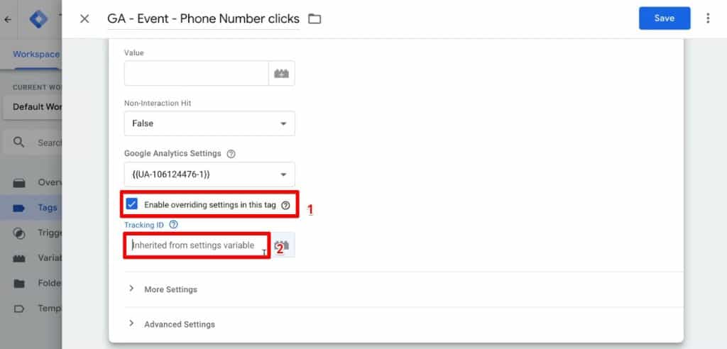 Enabling overriding settings in a Google Analytics Tag Configuration 