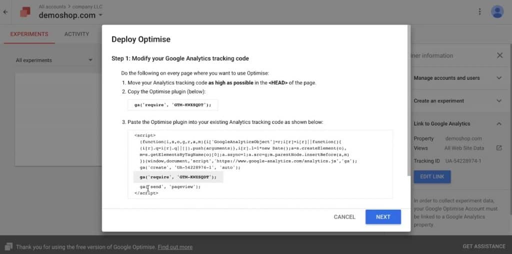 Instructions to deploy Google Optimize on your website