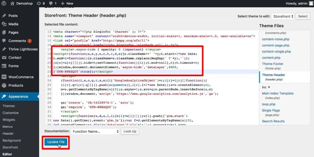 Paste the page flickering snippet into the Theme Header file of WordPress