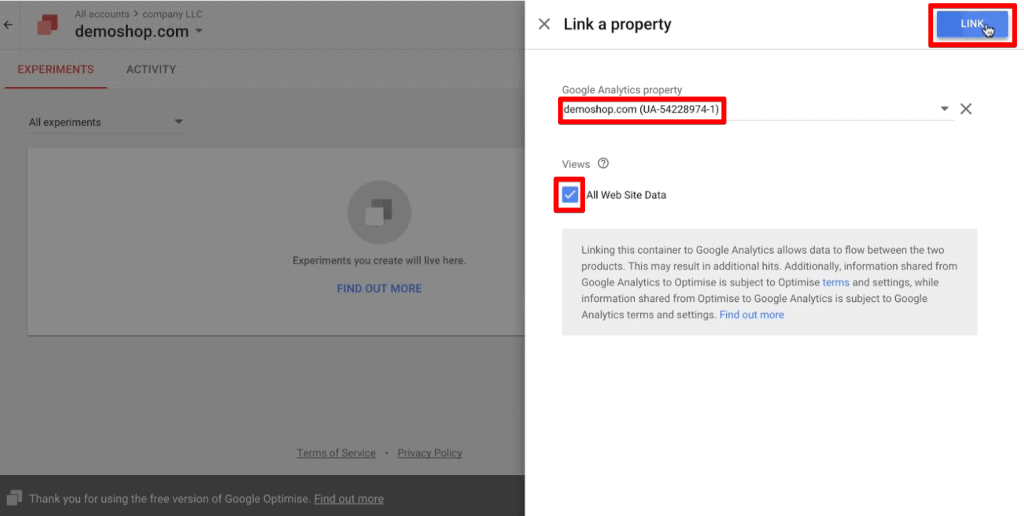 Select the Google Analytics property to link to Google Optimize