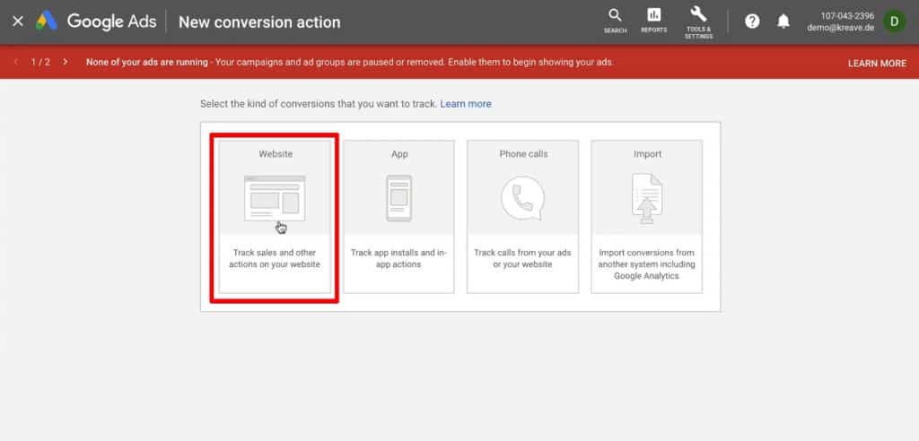 Select the kind of conversion as Website in Google Ads