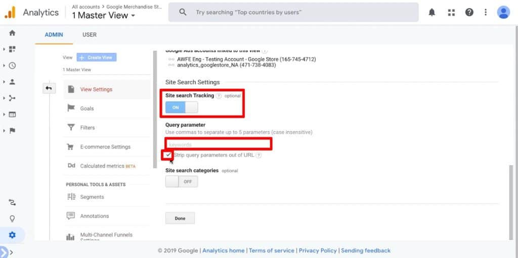 Site Search Settings under Admin Section in Google Analytics