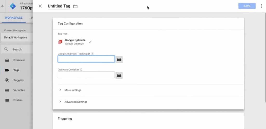 Tag Configuration of Google Optimize Tag in Google Tag Manager