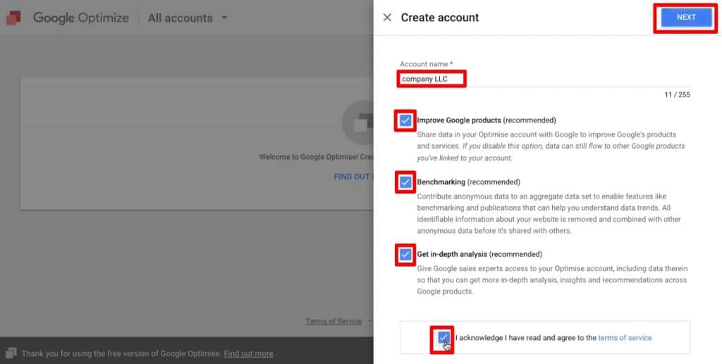 The first step to set up a new account in Google Optimize
