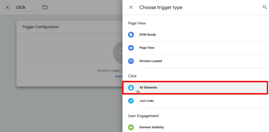 Choosing trigger type as All Elements in Google Tag Manager